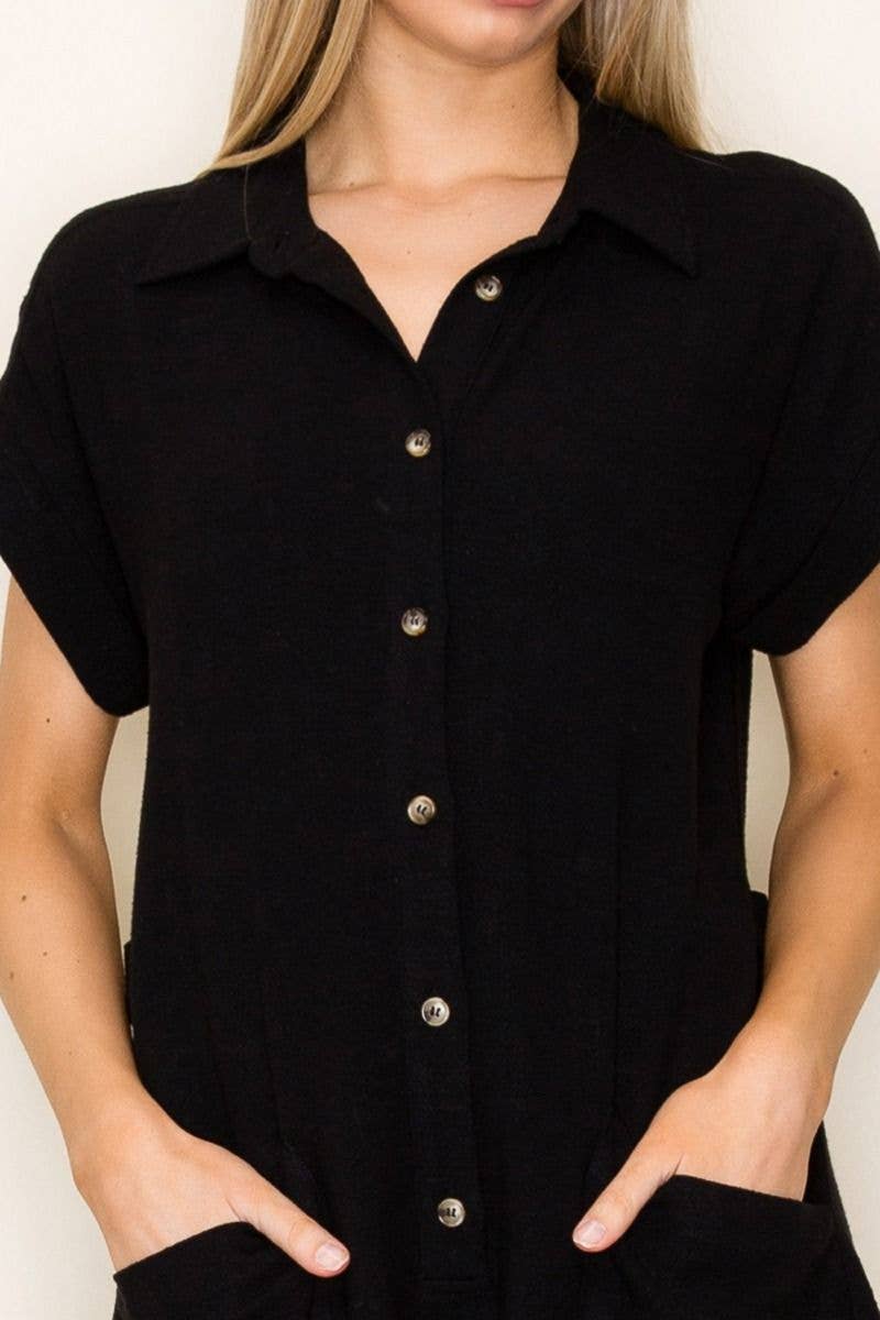 White Birch -Black Short Sleeve Solid Knit Romper