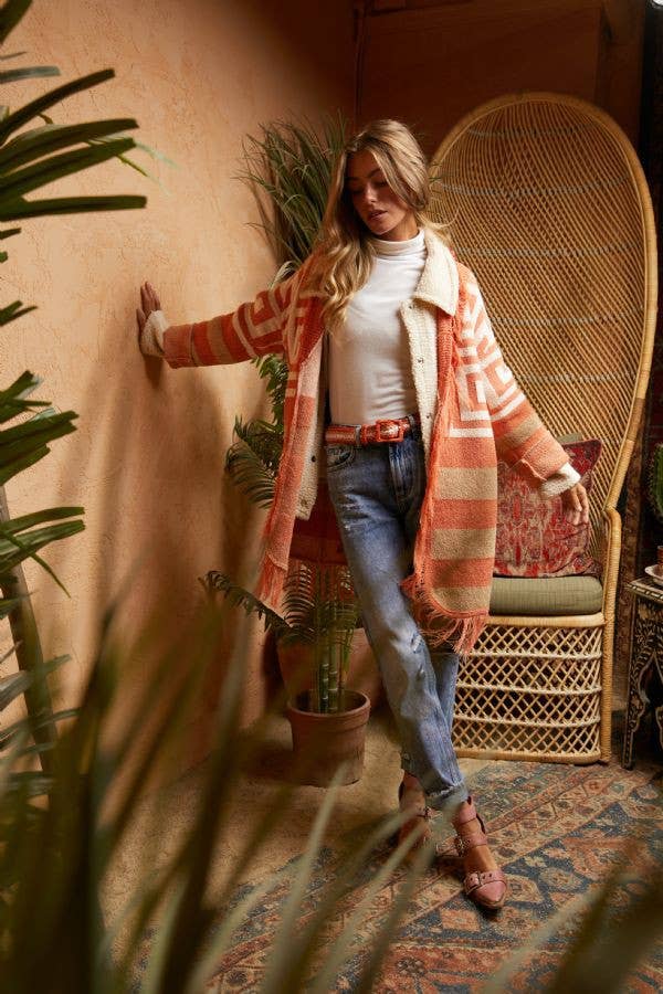 FRINGE GEOMETRIC STRIPE CARDIGAN