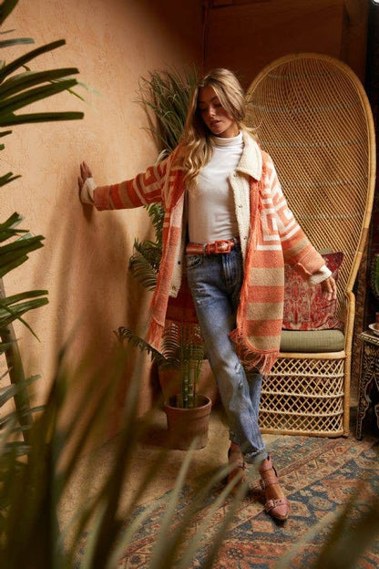 FRINGE GEOMETRIC STRIPE CARDIGAN
