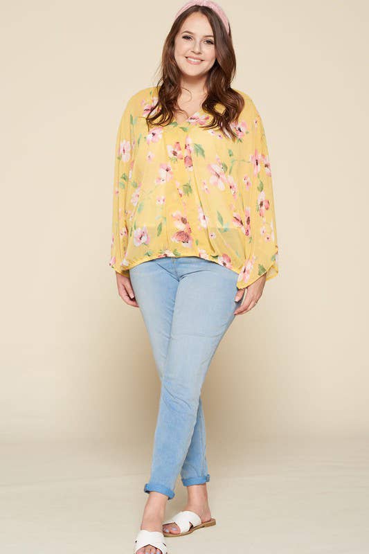 Yellow Floral Chiffon Surplice Top