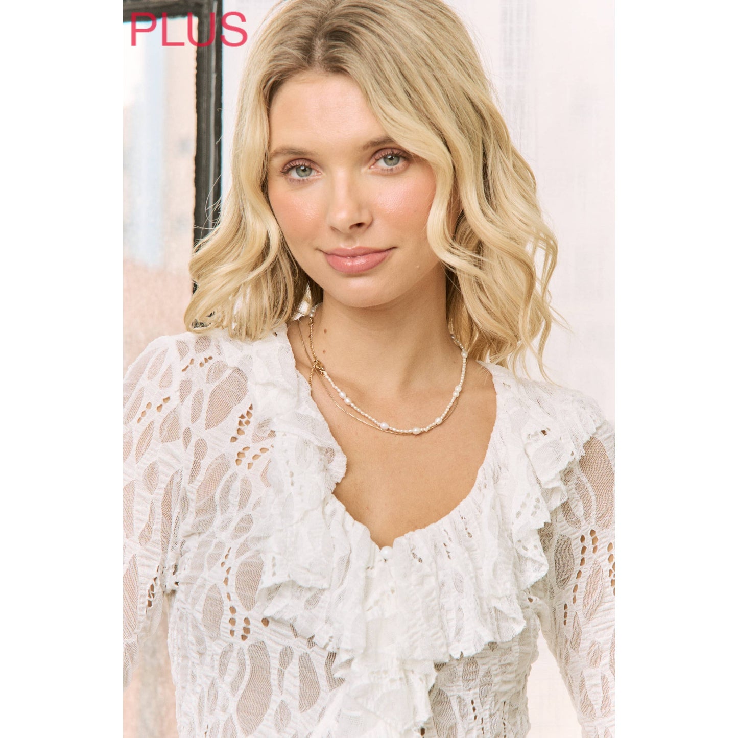Sweet Generis - WHITE LACE RUFFLE V-NECKLINE TOP WITH LONG SLEEVES