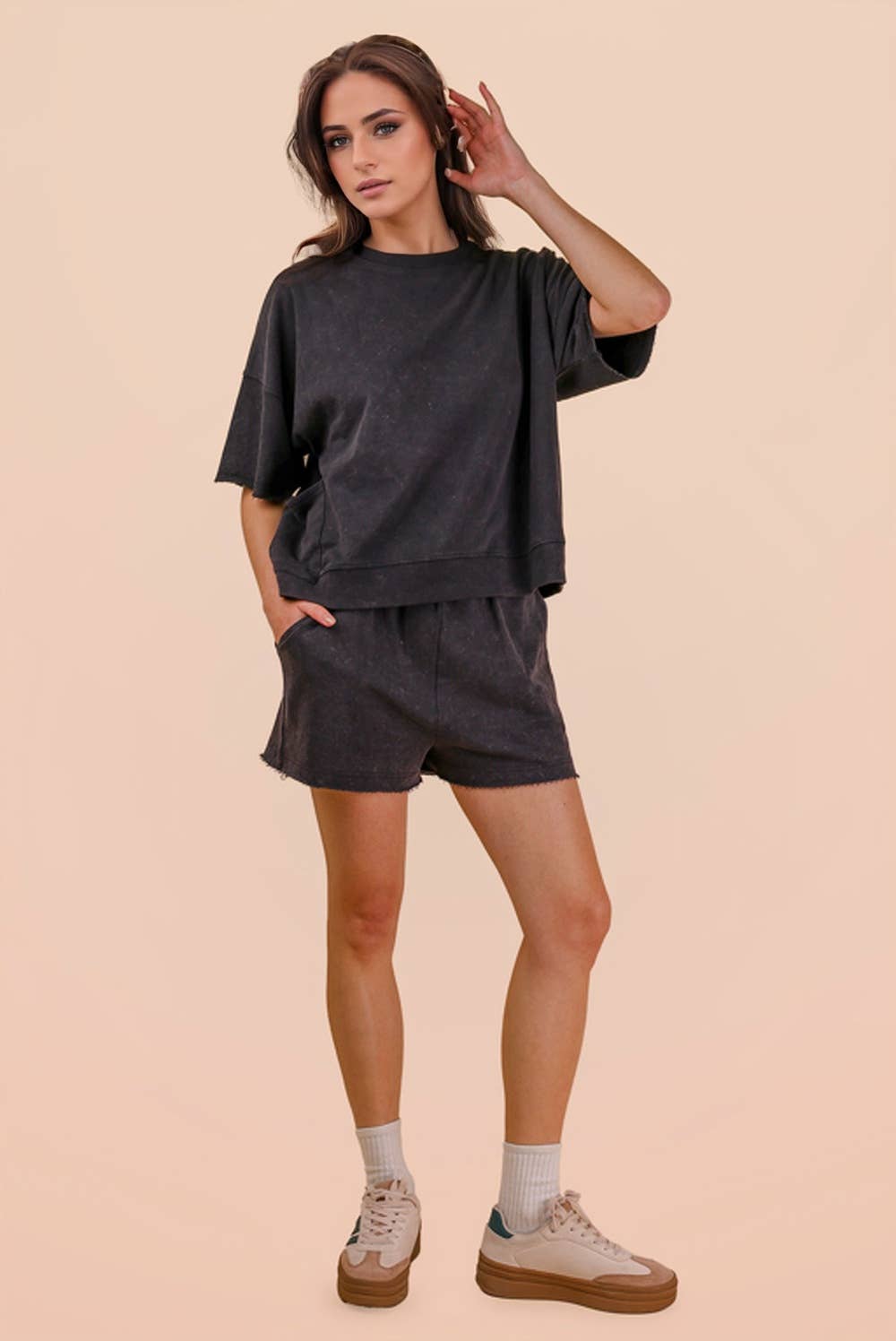 Black Mineral Washed Knit Casual Top & Shorts