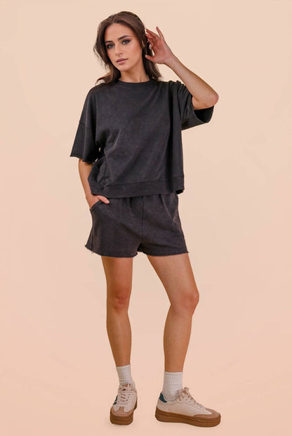 Black Mineral Washed Knit Casual Top & Shorts