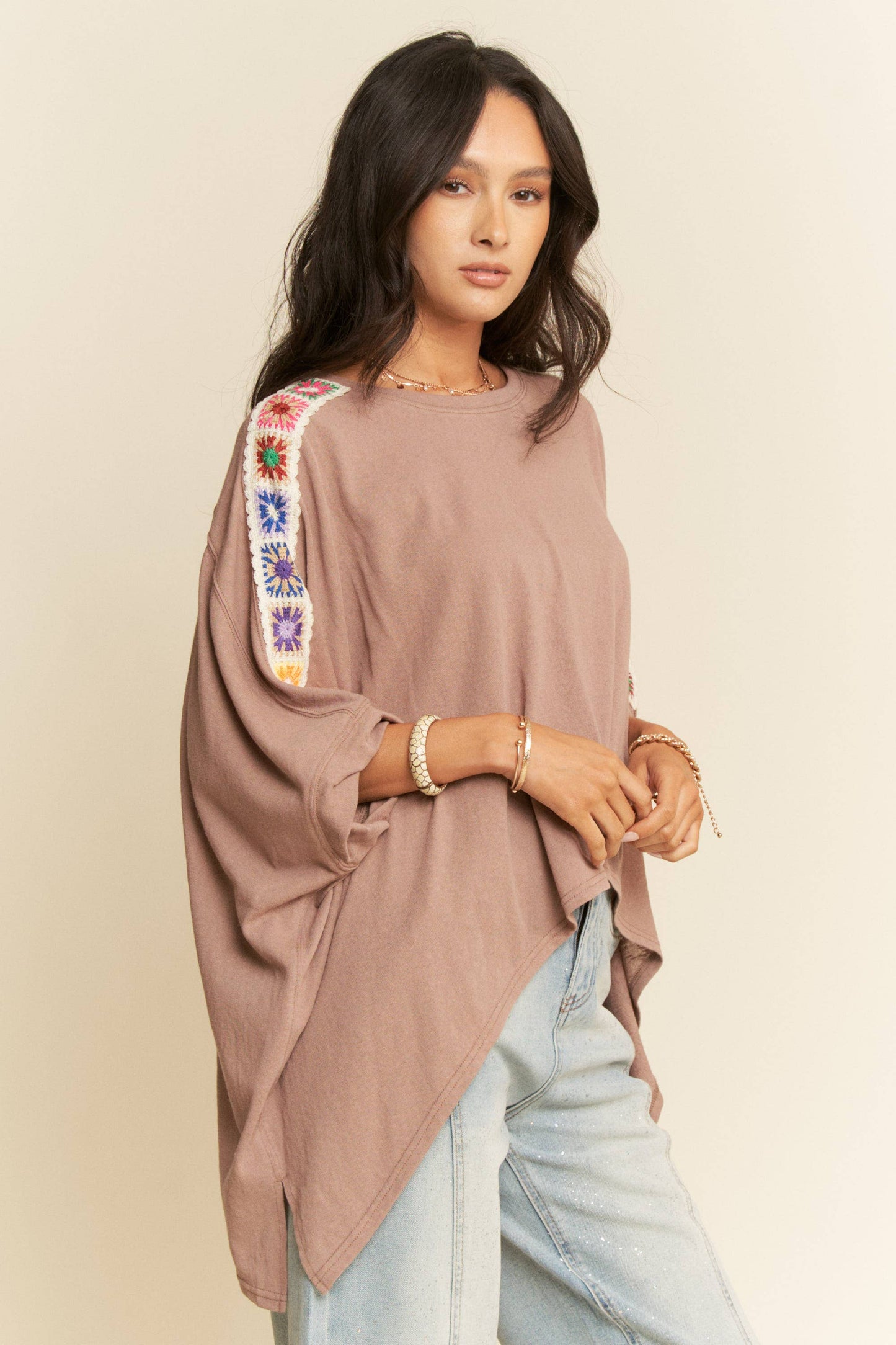 Davi & Dani - Mocha Boho Dolman Top w/Crochet Trim