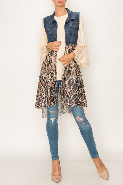 Origami Apparel ~  Lace and Crochet inspired - Chic Cropped Denim Lace Layer Vest- DENIM/LEO