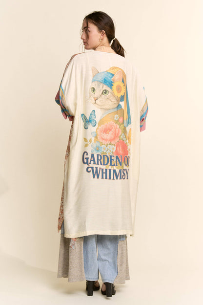 Davi & Dani - GARDEN WHIMSY CAT PRINTED BACK KIMONO DUSTER