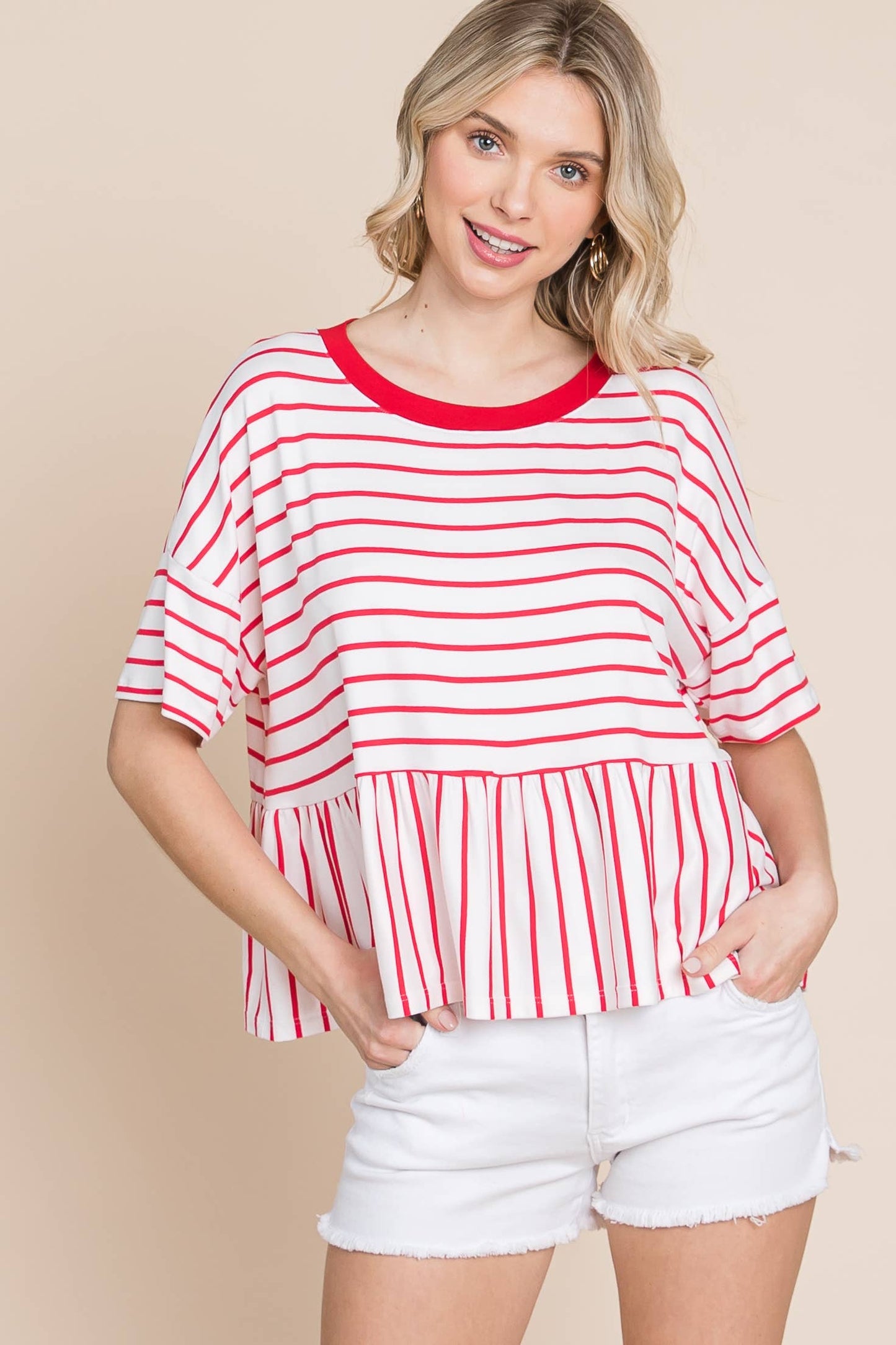 Coral Striped Babydoll Short Sleeve Top