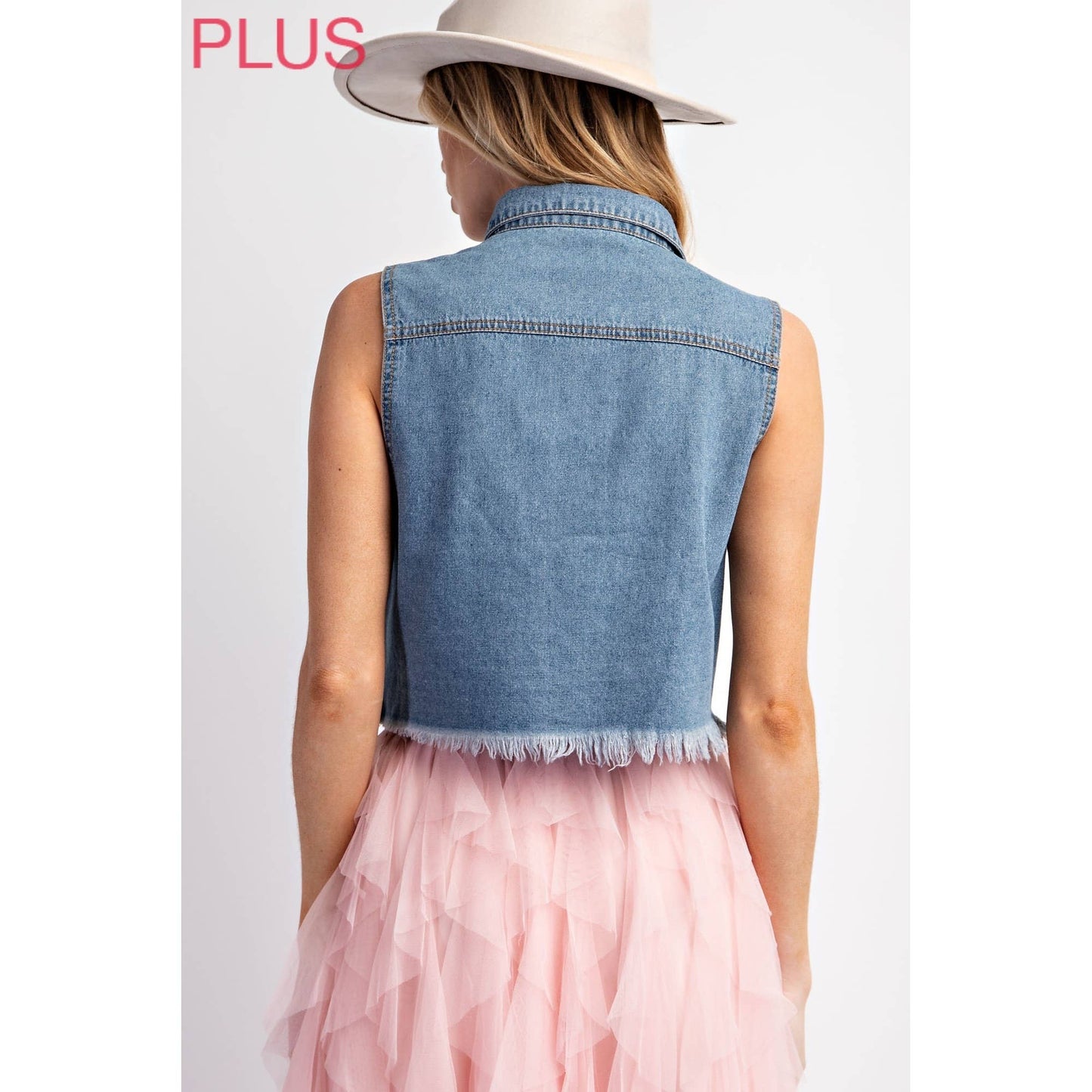 Sweet Generis - CURVY MEDIUM DENIM WASHED CROP VEST