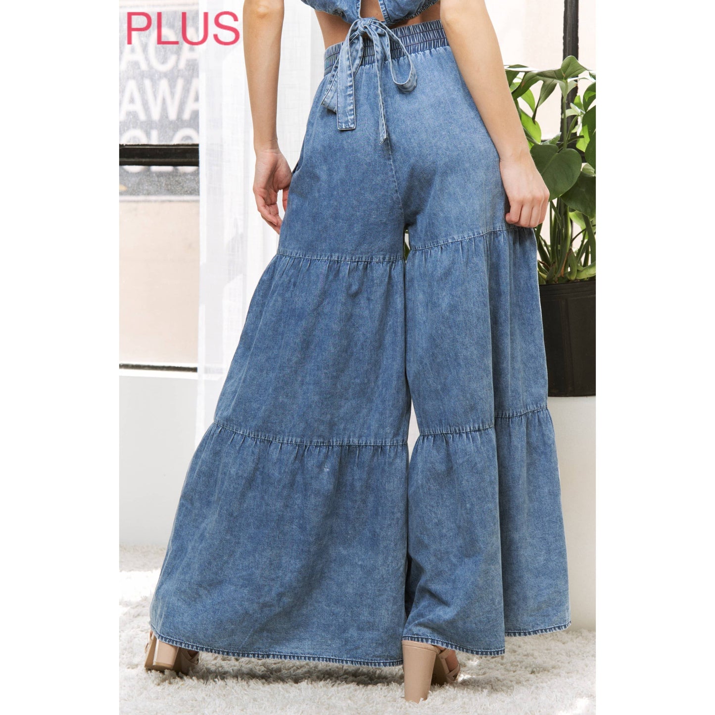 Sweet Generis -  CHIC DENIM ELASTIC WAIST BAND WIDE LEG FLARED PANTS