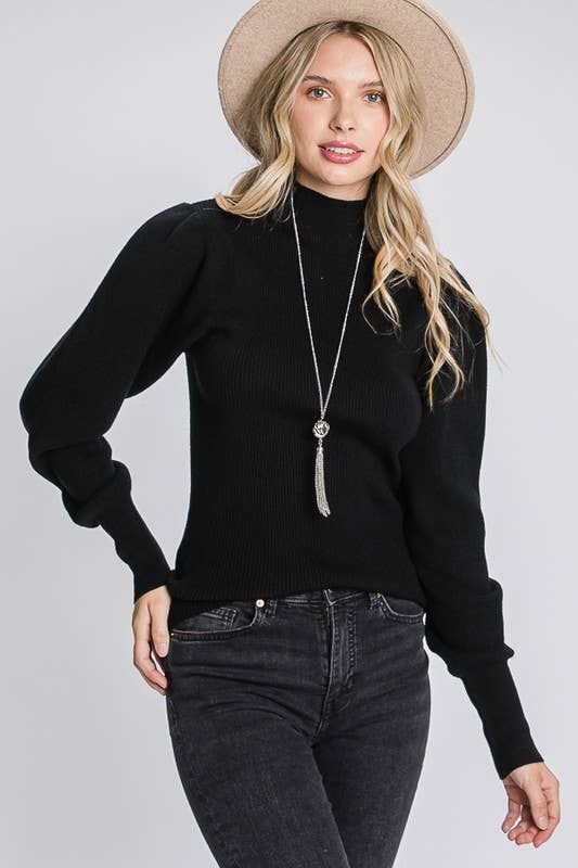 Black Mock Neck Solid Sweater by GeeGee