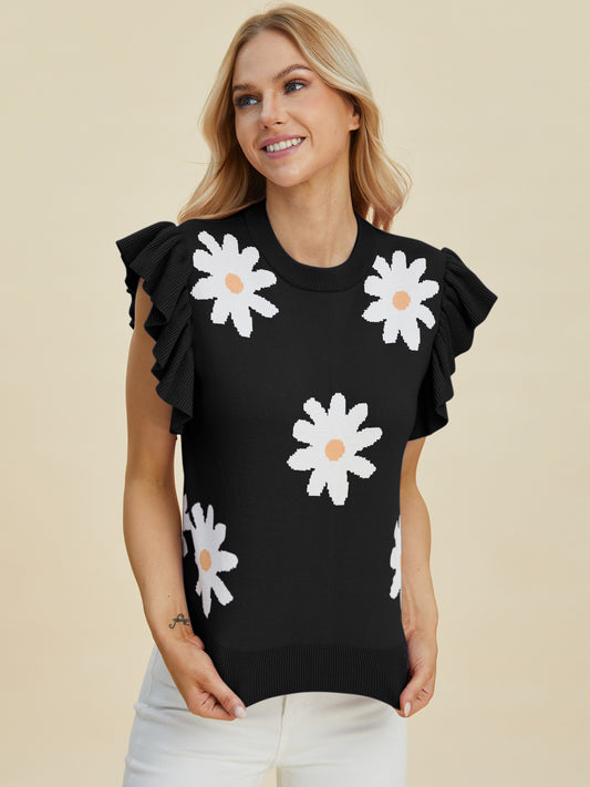 Curvy Ruffled Flower Round Neck Cap Sleeve Sweater