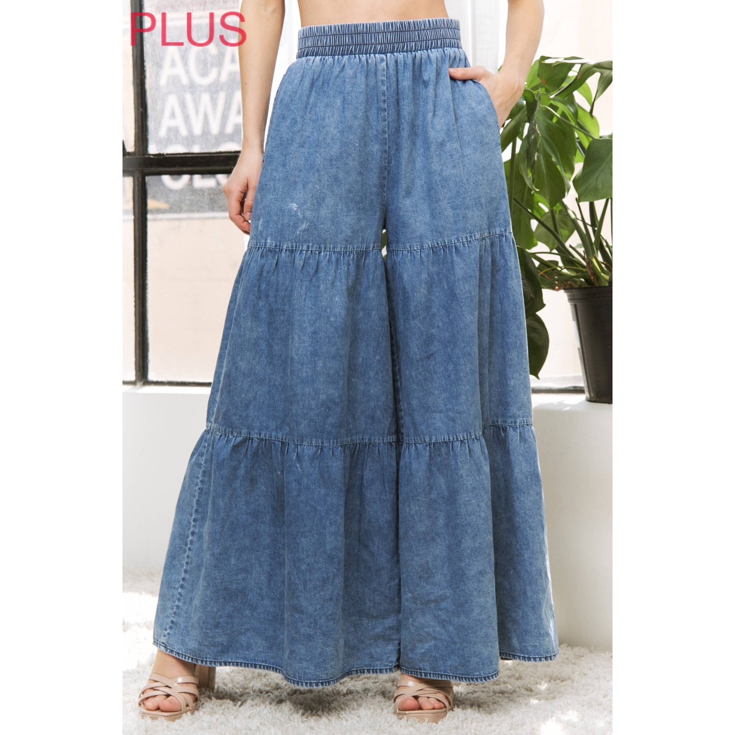 Sweet Generis -  CHIC DENIM ELASTIC WAIST BAND WIDE LEG FLARED PANTS