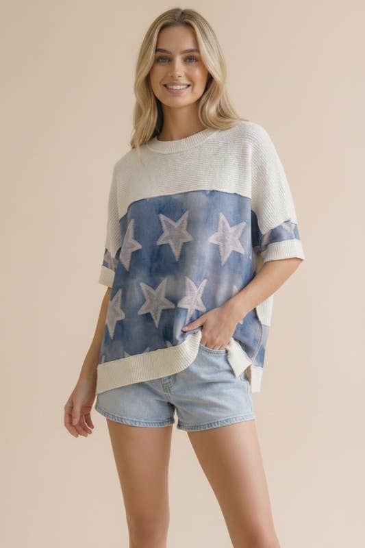 White & Denim Watercolor Oversized Star Top