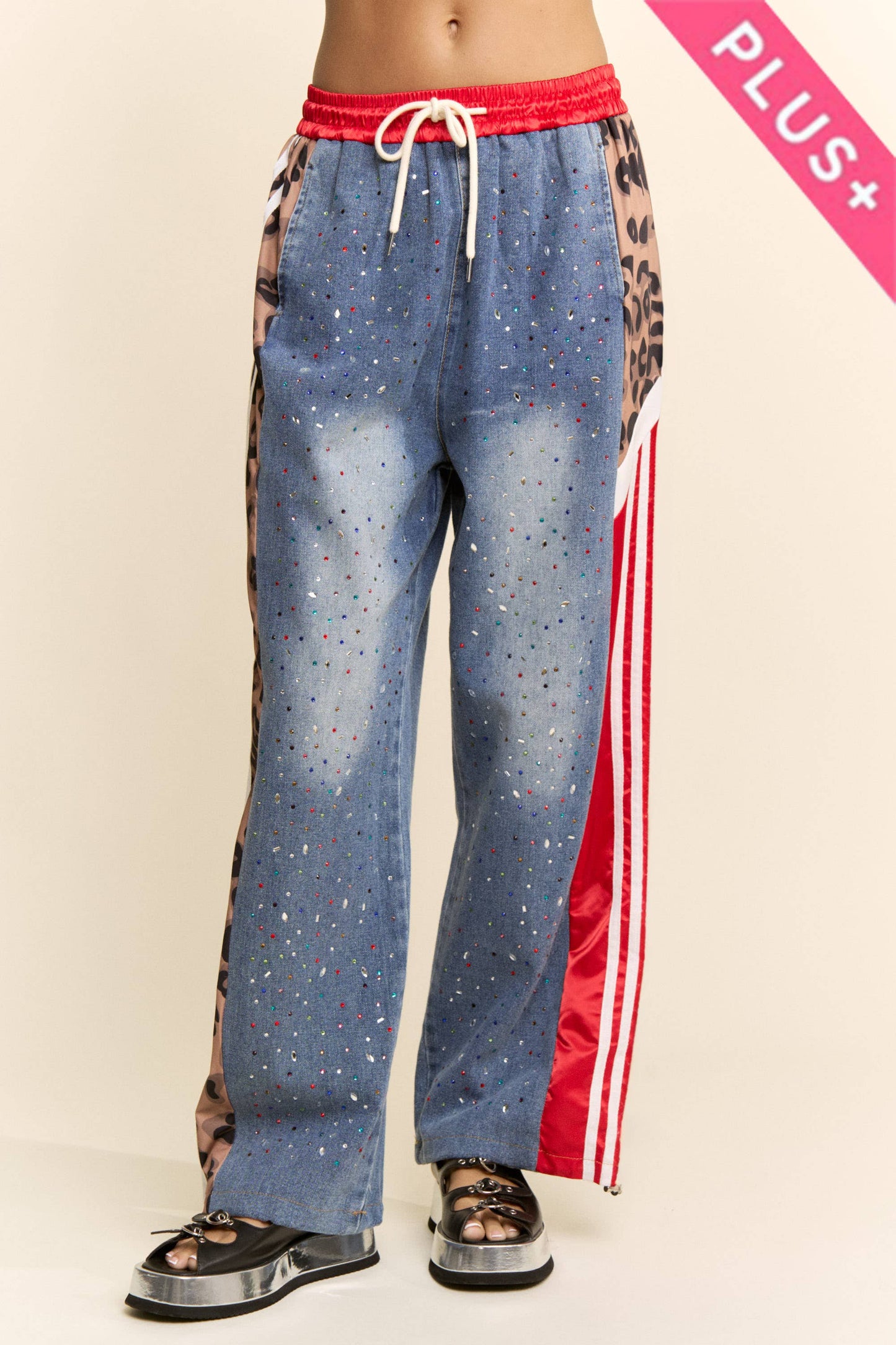 Davi & Dani - PLUS RHINESTONE JOGGERS CRYSTAL DENIM TRACK PANT