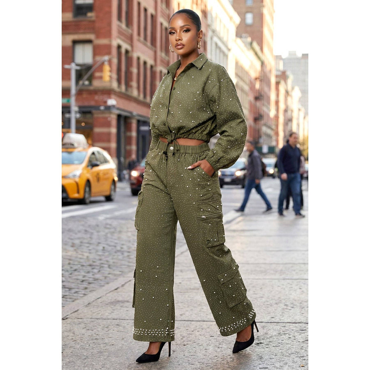 Pearl Embellished High Elastic Waisted Wide-Leg Cargo P