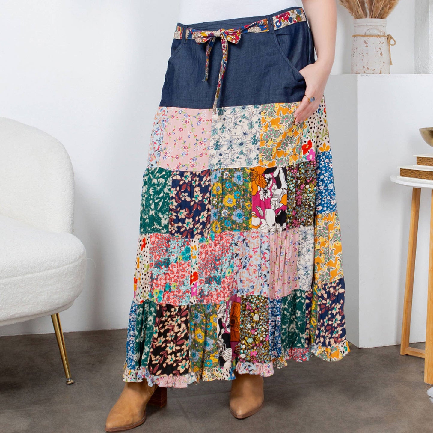 Western Boho Chic: Denim midi Skirt