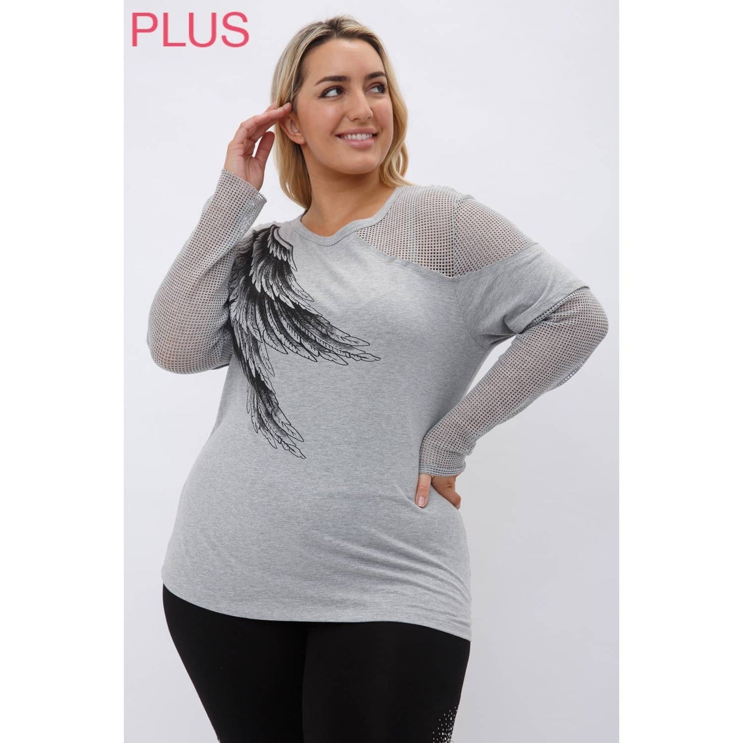 VOCAL - CURVY MESH MULTI MEDIA LONG SLEEVE TOP WITH WINGS