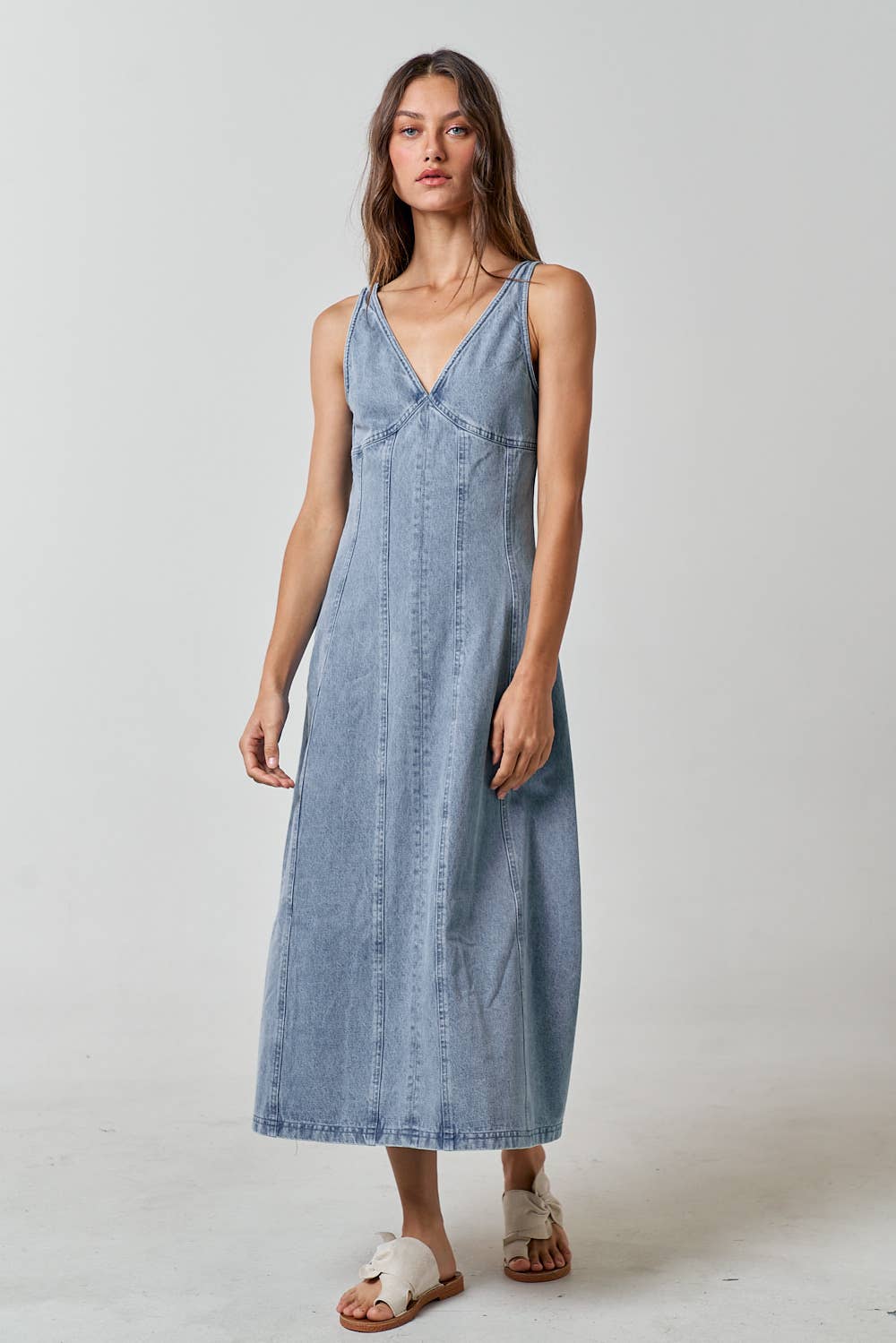 V-Neck Denim Sleevless Maxi Dress