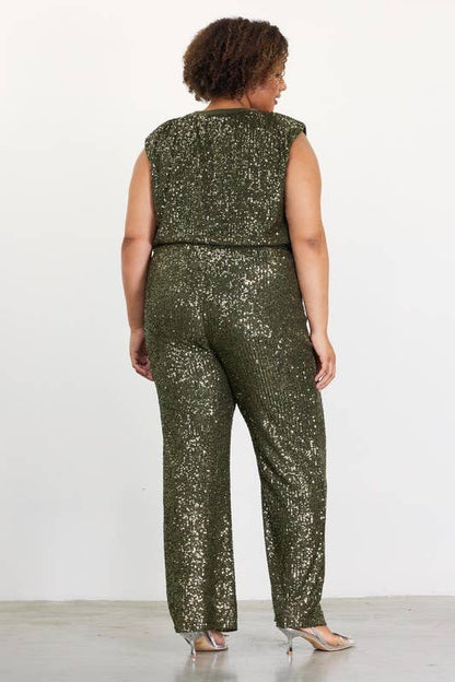 SKIES ARE BLUE - Curvy Olive Sequin Long Pants