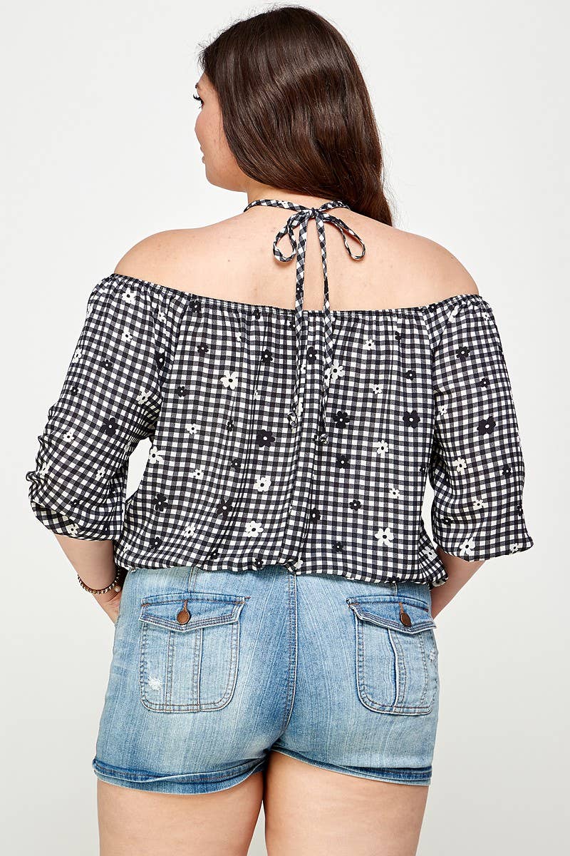 Black -The Curvy Checkered Off The Shoulder Top -