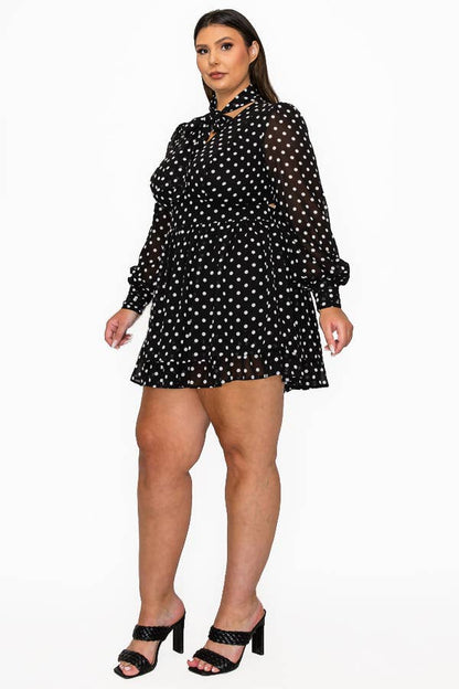Miss Avenue - POLKA DOT TIE NECK LONG SLV CUT OUT BACK DRESS