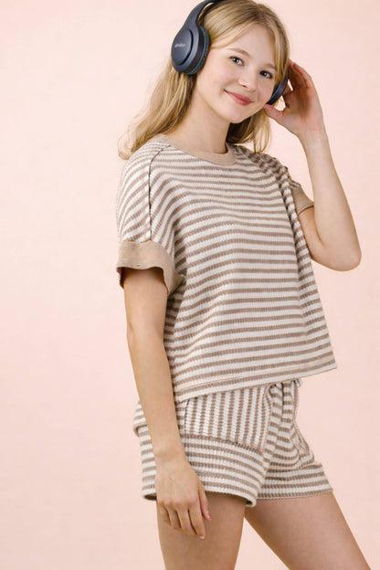 White/Oatmeal Striped Comfy Knit Top & Shorts Set