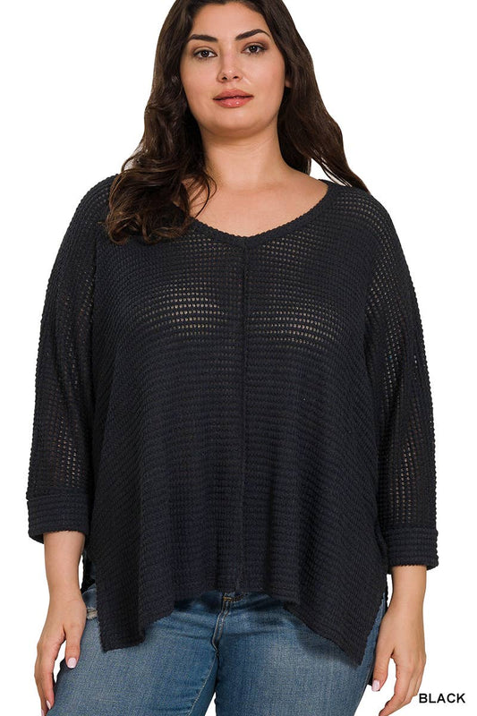 V-NECK HI-LOW JACQUARD SWEATER 3/4 SLEEVE