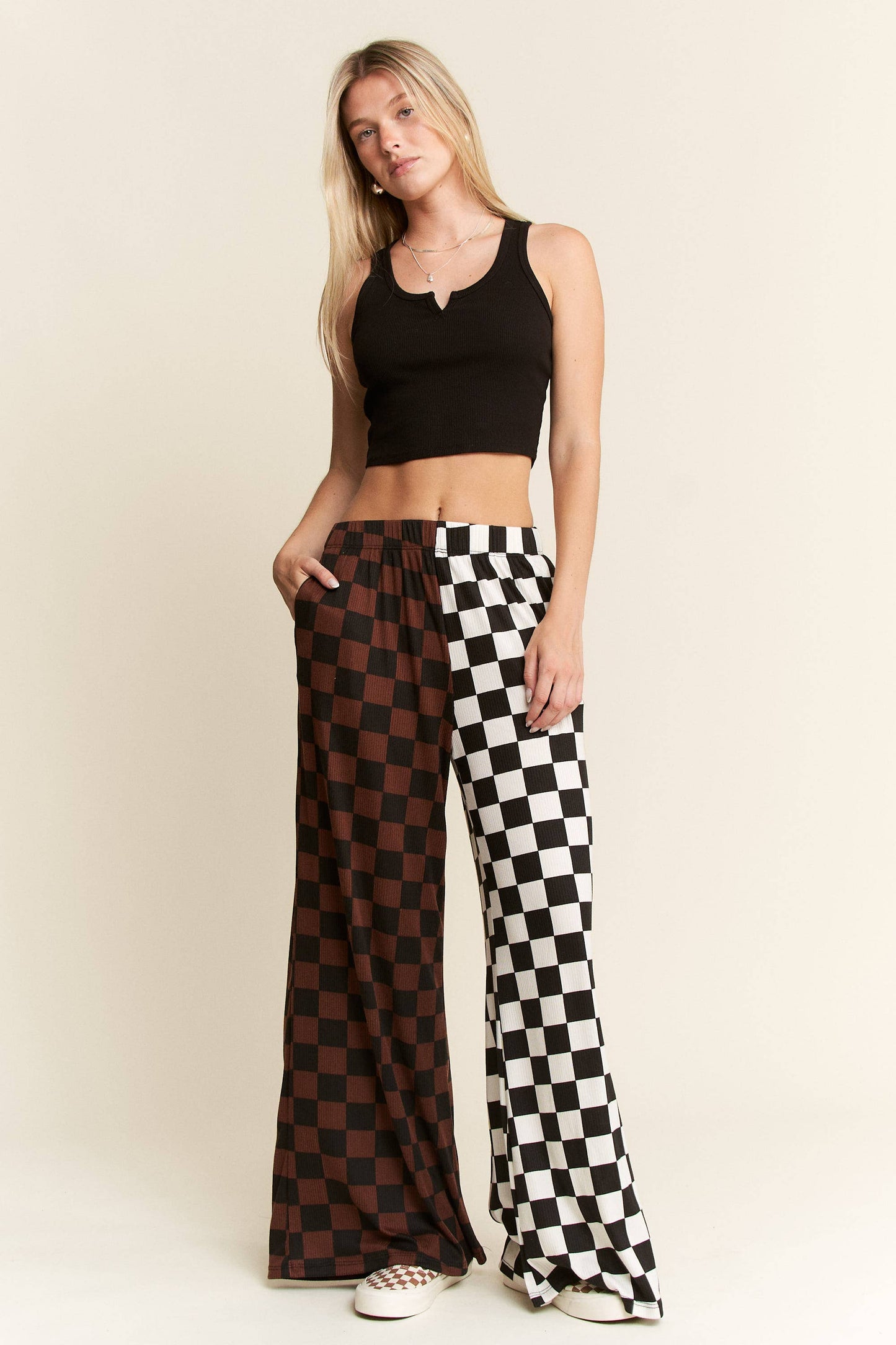 JADE BY JANE - PLUS SIZE SPLIT DECISION CHECKERED PANTS: Brown/Black
