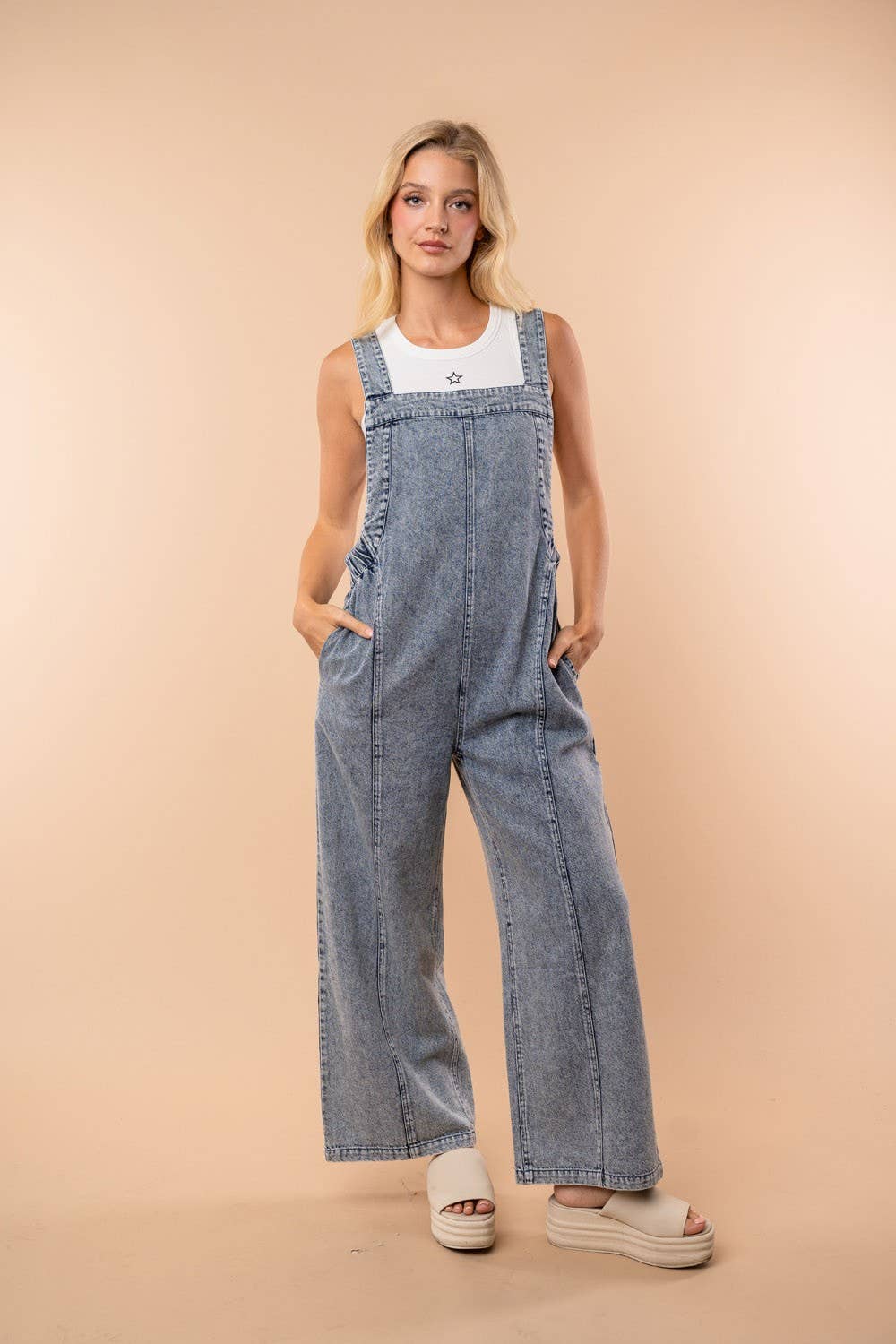White Birch - Sleeveless Denim Knit Jumpsuit