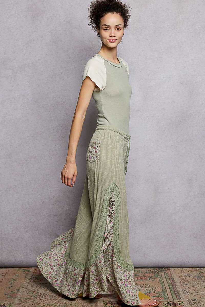 Pol Clothing - Floral Pattern Ruffle Detail Ribbed Knit Pants