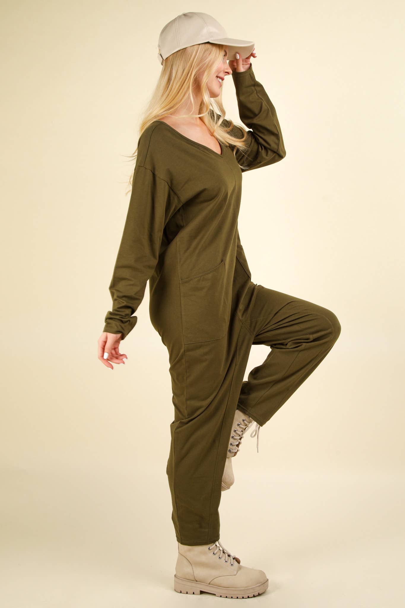 Olive- Curvy Solid Knit Baggy Comfy Jumpsuit