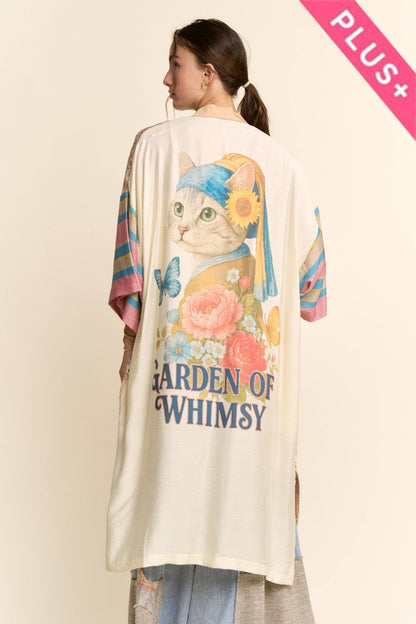 Davi & Dani - GARDEN WHIMSY CAT PRINTED BACK KIMONO DUSTER