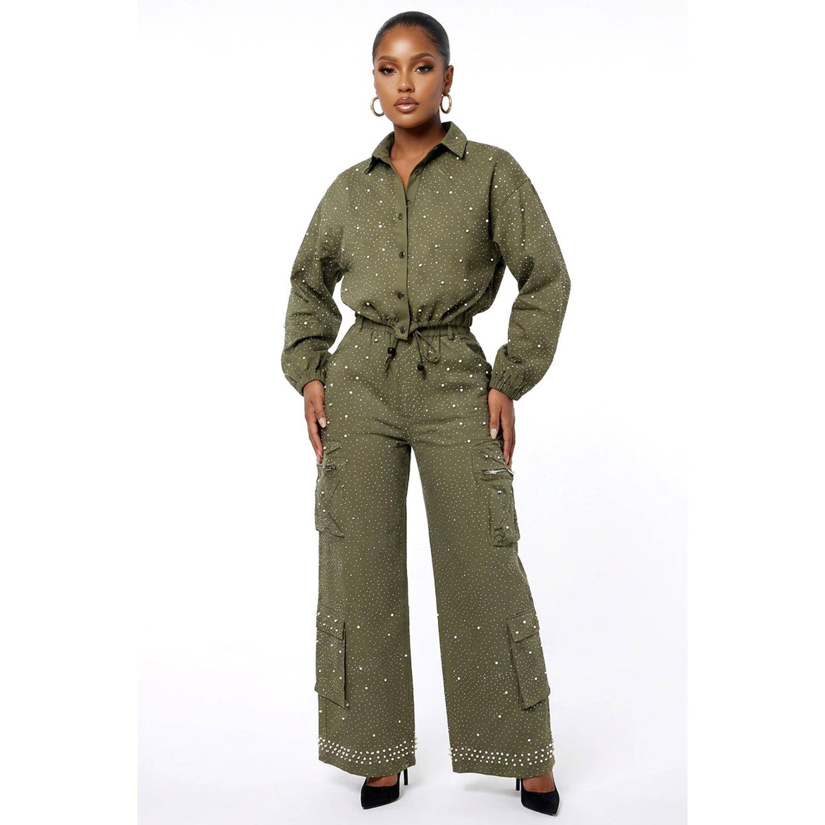 Pearl Embellished High Elastic Waisted Wide-Leg Cargo P