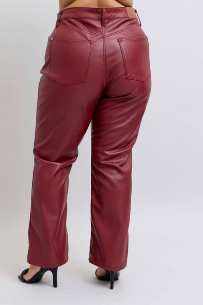 Judy Blue Jeans - Red Faux Leather High Waisted Tummy Control Straight