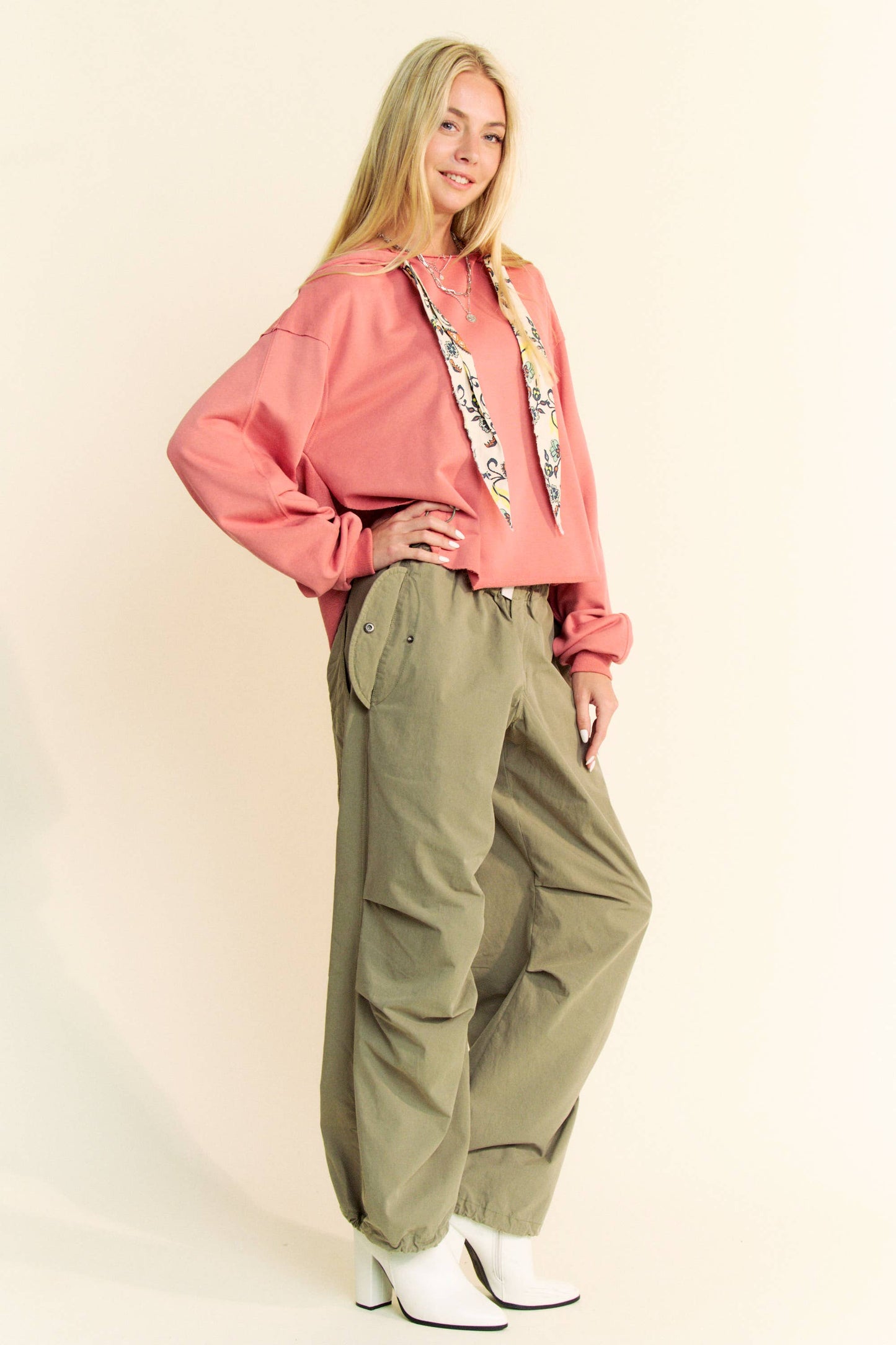 Coral - LONG SLEEVES PRINT TIE LOOSE FIT HOODIE TOP