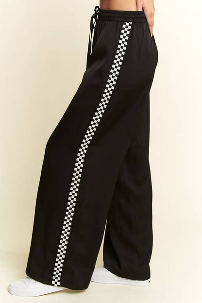 JADE BY JANE - SOLID SATIN SWEATPANTS WITH SIDE CHECKERBOARD TAPE