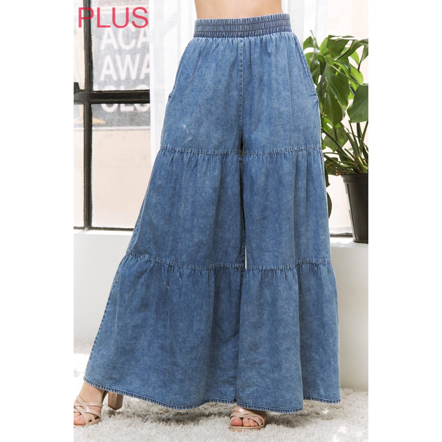 Sweet Generis -  CHIC DENIM ELASTIC WAIST BAND WIDE LEG FLARED PANTS