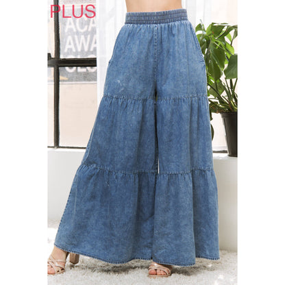 Sweet Generis -  CHIC DENIM ELASTIC WAIST BAND WIDE LEG FLARED PANTS