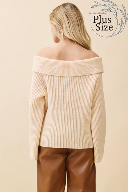 Cream- Curvy Elegant Off-Shoulder Ribbed Knit Top