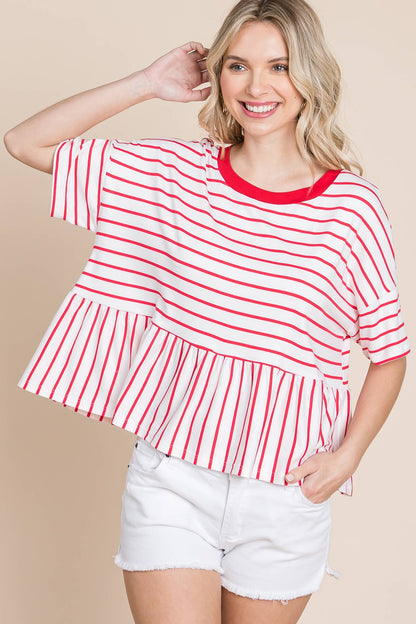 Coral Striped Babydoll Short Sleeve Top