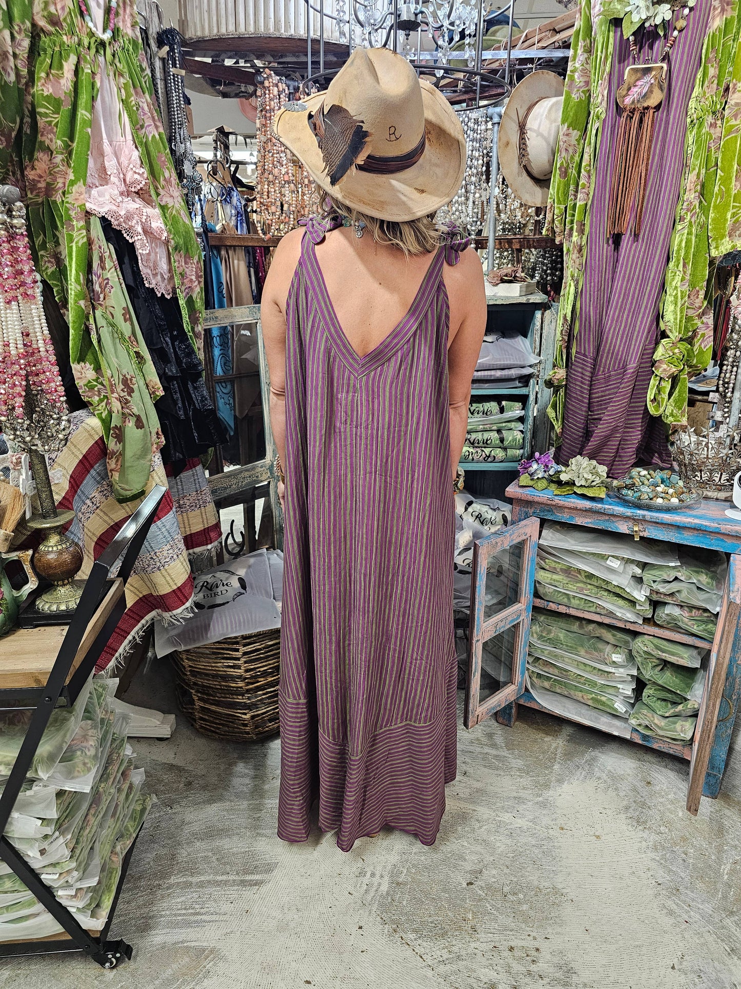 A Rare Bird Shop - Elegant Purple/Green Stripe Lace Dress