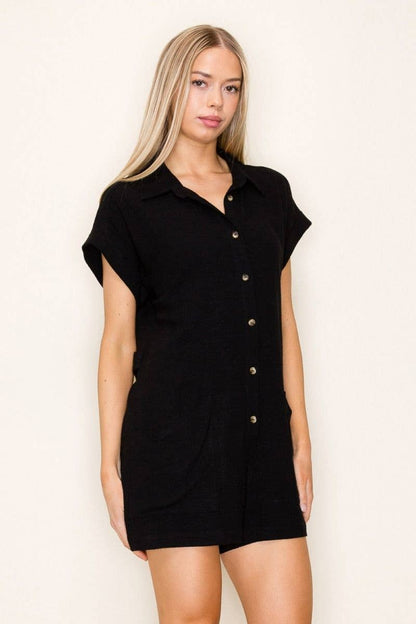 White Birch -Black Short Sleeve Solid Knit Romper