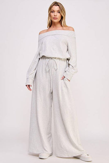 Curvy Line Off Shoulder Terry Knit Jumpsuit