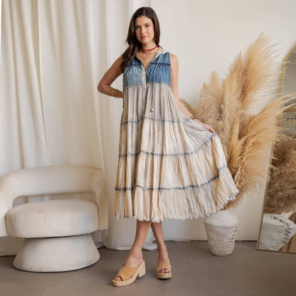 Boho Tiered Sleeveless Maxi Button-Front Duster With Hood 