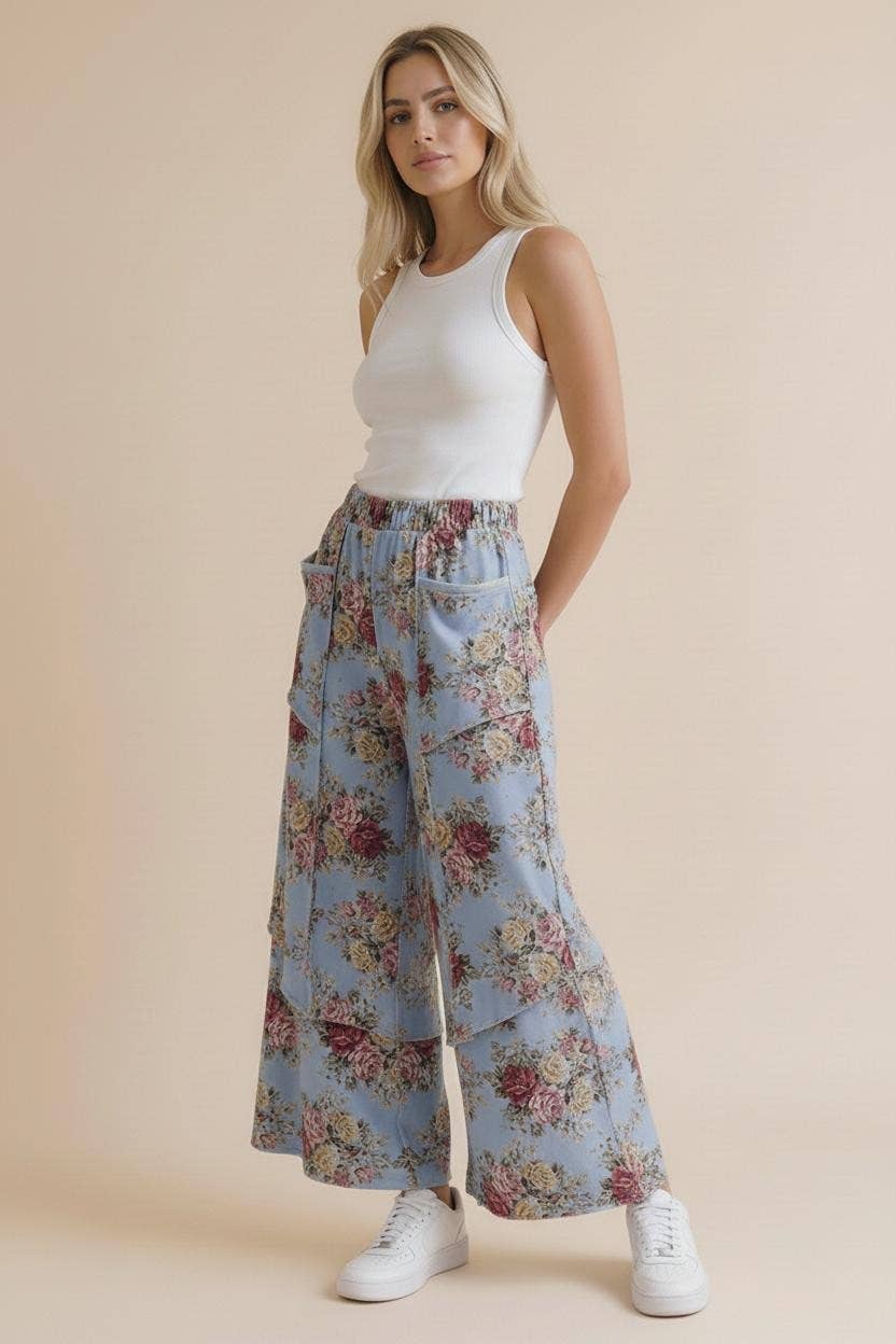 Light Blue Wide Leg Vintage Floral Pant