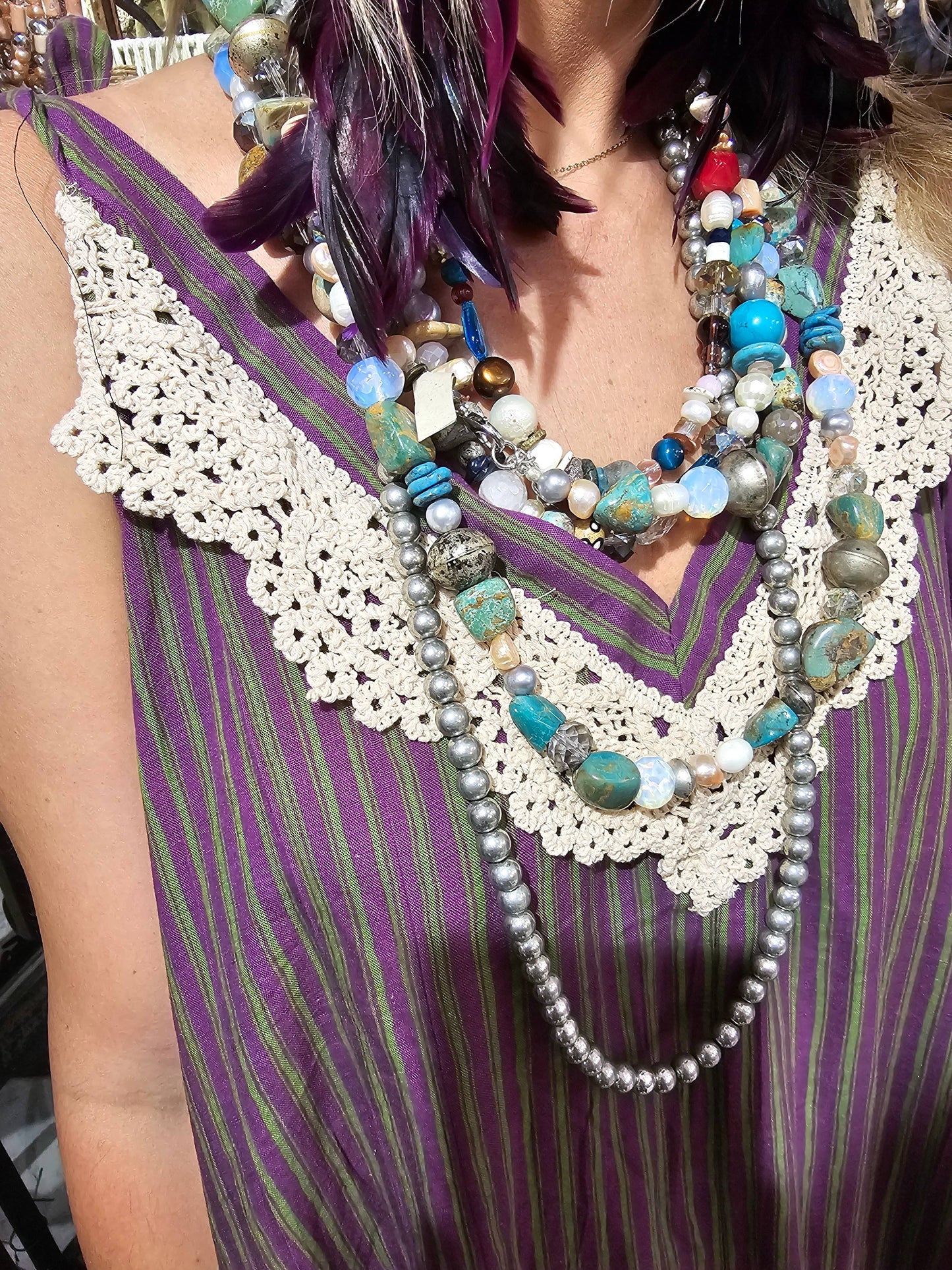 A Rare Bird Shop - Elegant Purple/Green Stripe Lace Dress