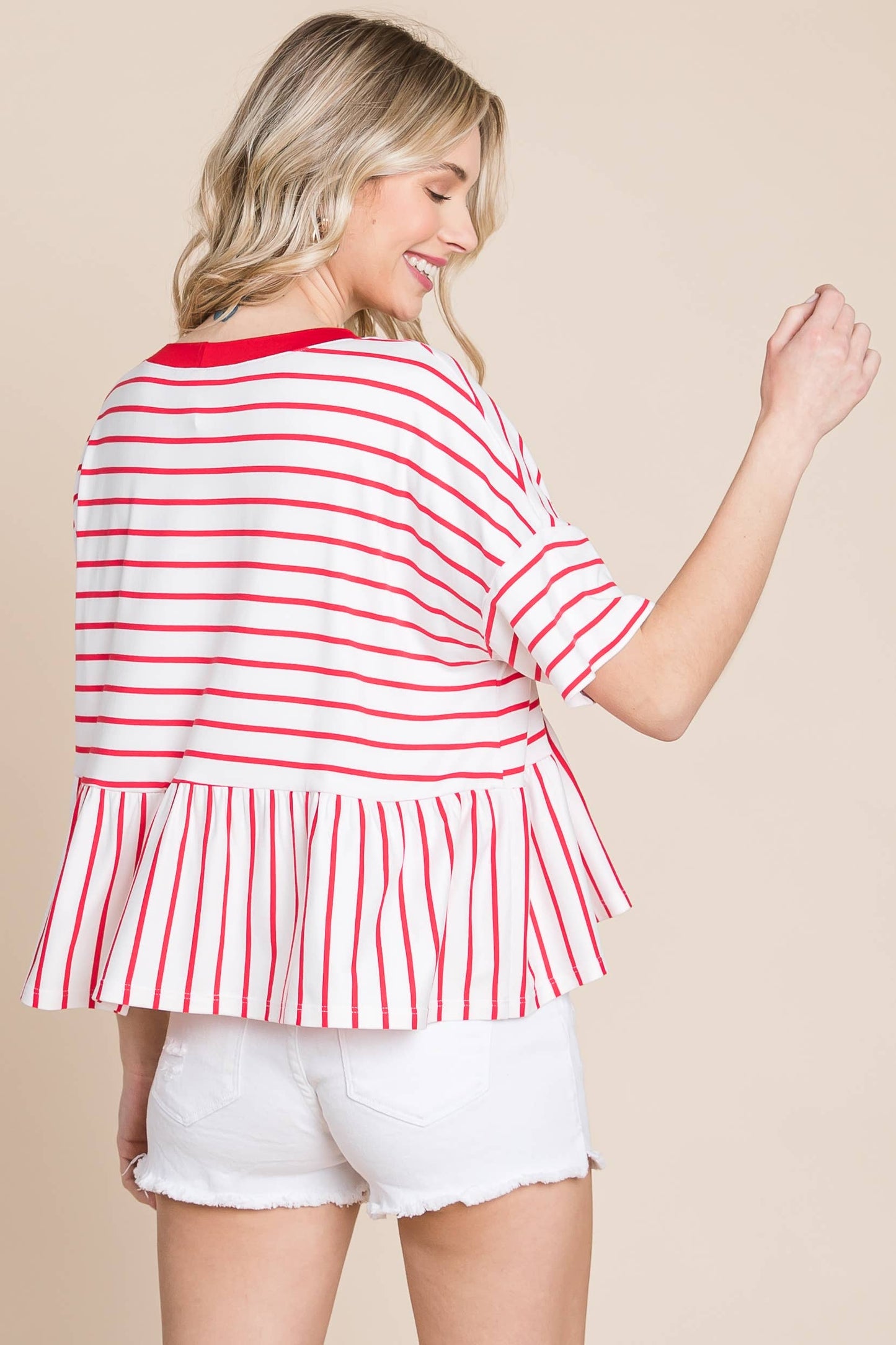 Coral Striped Babydoll Short Sleeve Top