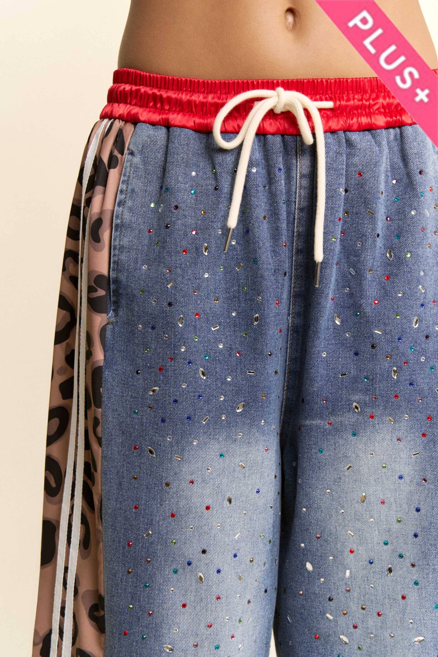 Davi & Dani - PLUS RHINESTONE JOGGERS CRYSTAL DENIM TRACK PANT