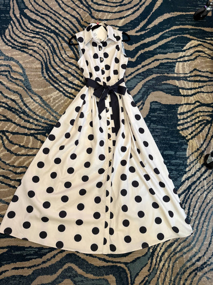 BLACK-POLKA DOT BUTTON DOWN BELTED SLEEVELESS SHIRT DRESS
