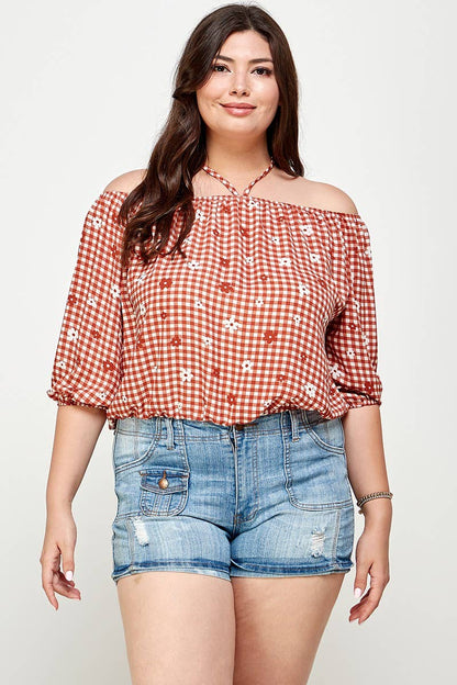 Black -The Curvy Checkered Off The Shoulder Top -